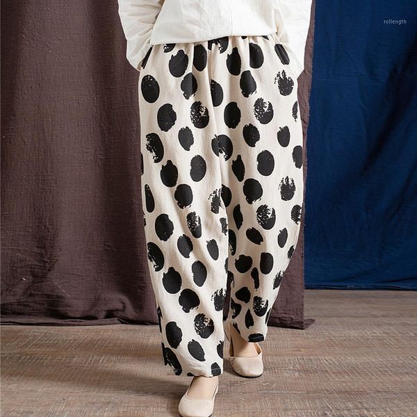 

johnature new wave point elastic waist loose women pants 2020 new cotton linen mid waist full length harem pants spring vintage1, Black;white