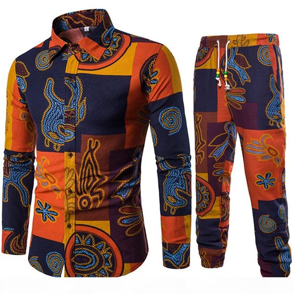 

mens vacation set linen long pant ethnic style patchwork male suit festival wear plus size 5xl europe slim shirt 2018 autumn new, Gray