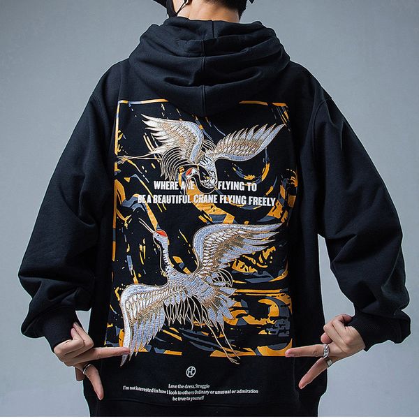 

flying crane pattern fashion men's hoodie streetstyle autumn and winter hip hop men's sweatshirt loose pullover men c c0127, Black