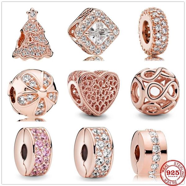 

new original 925 sterling silver christmas tree white zirconia beads rose gold fit pandora charm bracelet diy women jewelry