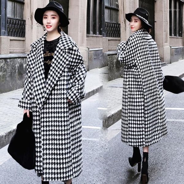 

women's plaid woolen coat autumn and winter houndstooth coat loose cocoon-shaped over the knee long thick1, Black