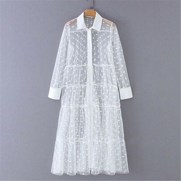 

2020 see through women polka dot mesh dress fashion long sleeve lapel shirts dress ladies long fashion women cover ups, Black;gray