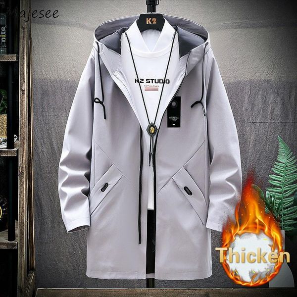

men trench coats solid hooded colorful simple thicken plus velvet warm korean style ulzzang harajuku male outwear streetwear, Tan;black