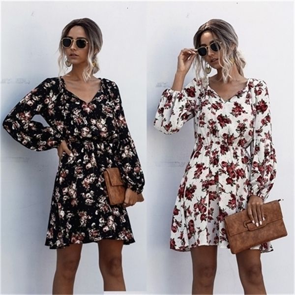 

spring / summer 2020 v-neck lace up wave point flower bubble lantern sleeve dress, White