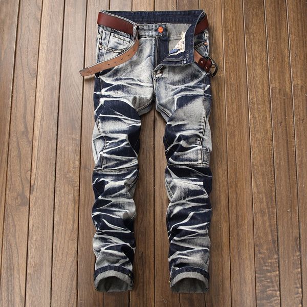 

men casual jeans coated slim straight pleated biker jeans pants male denim casual pants plus size 42, Blue