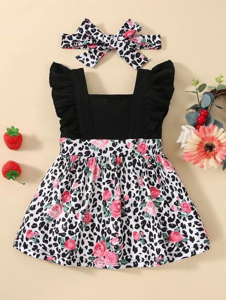 

baby floral & leopard print ruffle trim dress & headband she, Red;yellow