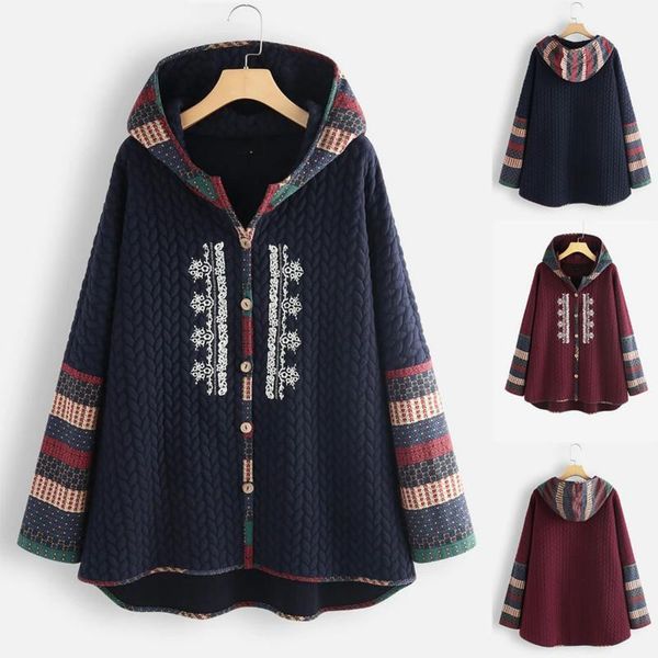 

2021 autumn and winter new hooded single-breasted ethnic print long-sleeved mid-length coat women, White;black