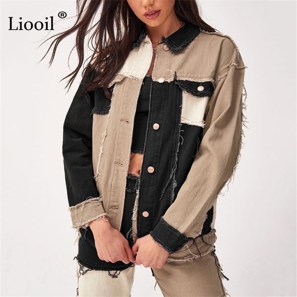 Liooil Patchwork Denim Cappotti e giacche larghi Donna Autunno Inverno Streetwear Giacca a blocchi di colore Tasche con bottoni Cappotto sottile sexy 201102