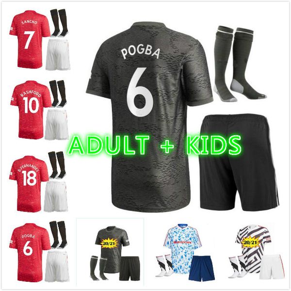 

kit 2020 2021 cavani lingard soccer jerseys pogba rashford martial man home away 3rd kids kit child 20 21 football shirt, Black;yellow