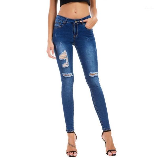 

skinny jeans women denim holes destroyed knee pencil pants 2020 spring casual stretch ripped hole full length jeans plus size1, Blue