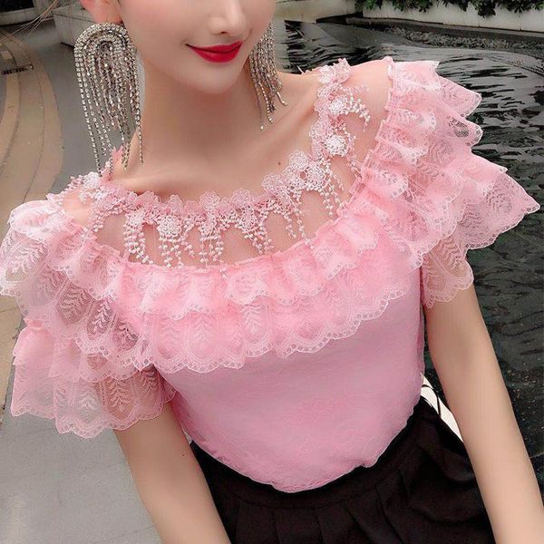 

summer women floral lace blouse hollow out slash neck ruffles shirt female short sleeve tassel mesh blouses blusas ab1409, White