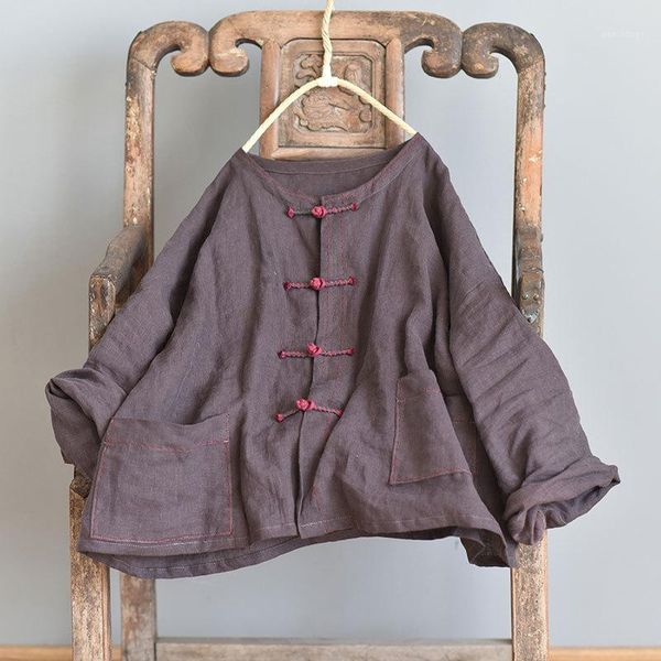 

women loose solid color linen jacket ladies vintage plus size coat female 2020 flax outerwear1, Black;brown