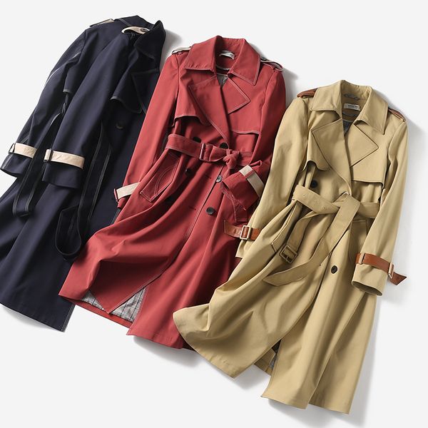 

women's double-breasted lace-up mid-length trench coat lj201128, Tan;black