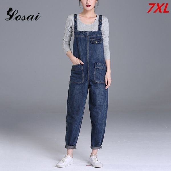 

plus size 7xl women denim jumpsuit ladies loose jeans rompers female casual hole denim jumpsuits boyfriend overall playsuit y200106, Black;white