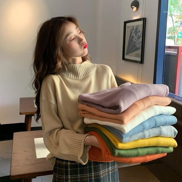 

women 2020 autumn winter half turtleneck sweater female long sleeve knit loose fashion pullover ladies casual sweaters p2491, White;black