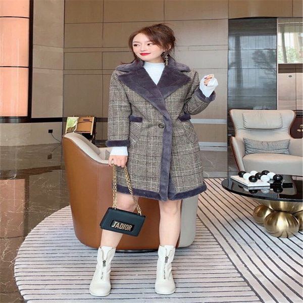 

2020 winter new style mid-length lapel one button plaid with fur velvet comfortable and thin warm coat jacket, Black