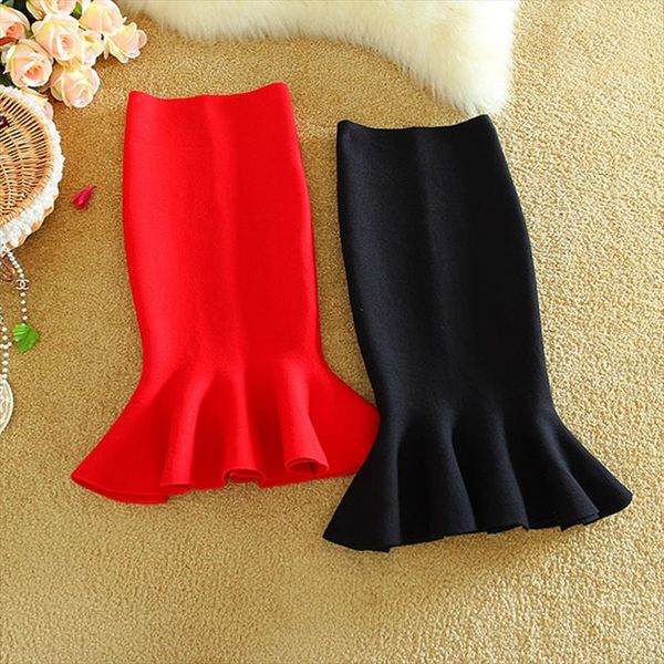 

lady high waist knitted skirt fish tail mermaid skirt women slim fitted skirts flounced pencil spring autumn bud style, Black