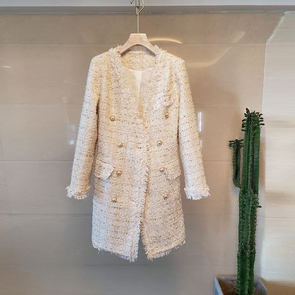 Tweed xadrez longo casaco mulheres pérola pérola casaco branco de lãs branco outono inverno slim outwear luva longa plus size lj201106