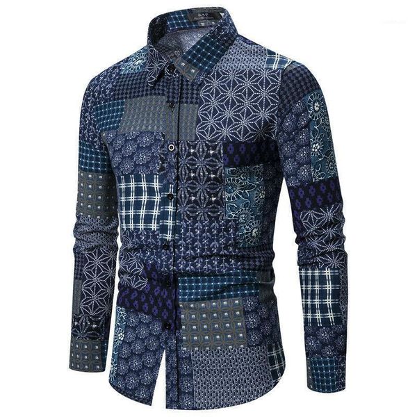 

2019 men slim fit button down national print shirt male long sleeve turn-down collar casual shirts plus size1, White;black