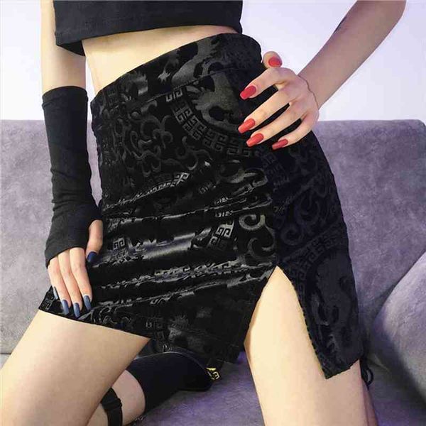 

summer korean vintage pattern dragon side split mini skirt women harajuku high waist black ladies casual a-line skirt