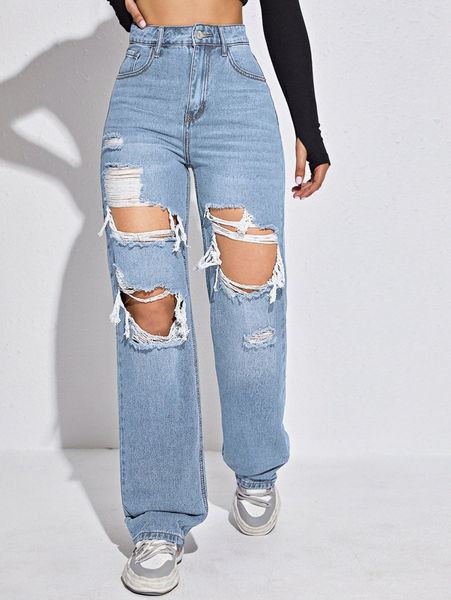 

high waist ripped boyfriend jeans j0ak#, Blue