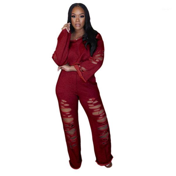 

women's tracksuits women 2 piece set fashion suit 2021 o neck long sleeve hole crop high waist loose wide legs pants 3xl plus size sets, Gray