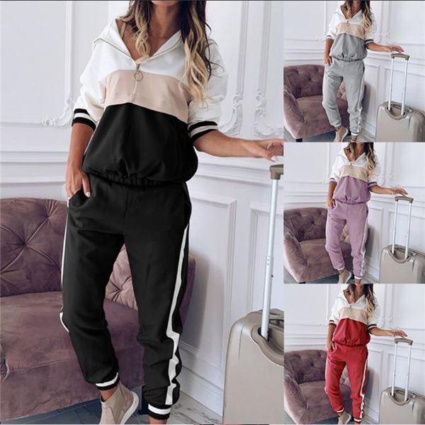 

fashion womens patchwork tracksuits long sleeve hooded sweatshirts and straight pants autumn winter casual women two piece outfits, Gray