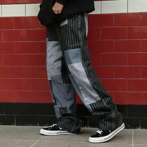 

vertical striped patch jeans mens streetwear baggy and relaxed denim pants pants beggar jeans men loose straight lazy pant1, Blue