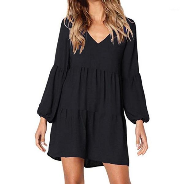 

40# dress women solid v-neck lantern long sleeve flowy swing dresses for women shirt loose dress woman vestido de mujer1, Black;gray
