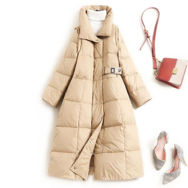 

2020 winter women very warm white duck downcoat zipper front turn down collar quilted puff elegant long coats blue beige, Black