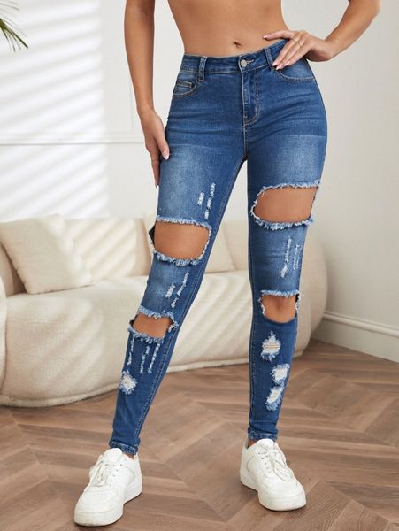 

high stretch ripped skinny jeans l0hx#, Blue