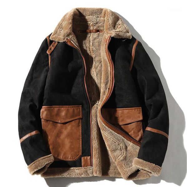 

mens faux fur jacket coats 4xl 5xl winter warm bomber jacket fur leather coats vintage faux suede b7491, Black