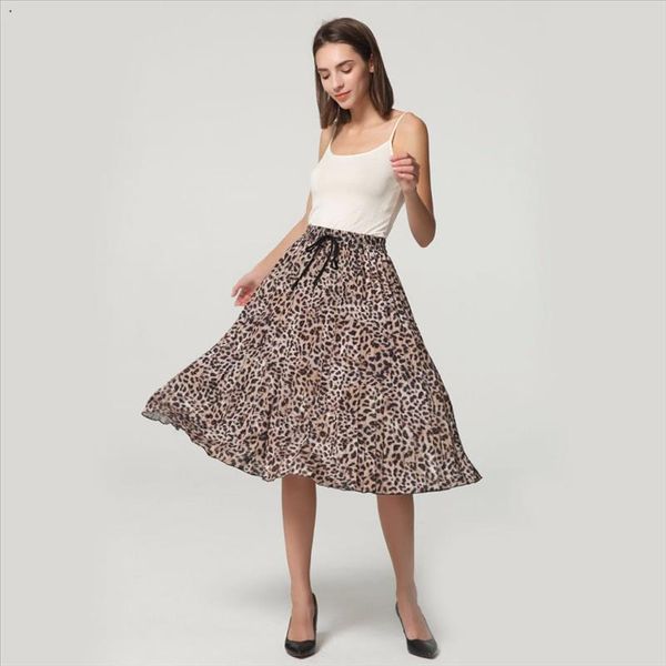 

women skirt leopard print pleated midi skirt for women vintage bohemia skirts elastic waist elegant casual skirts, Black