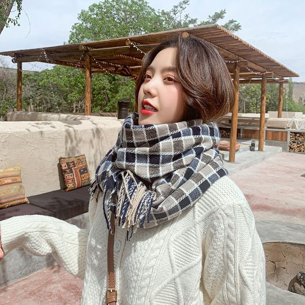 

ouoi contrasting color small plaid scarf 2020 autumn and winter new long style warm tassel shawl scarf women winter, Blue;gray
