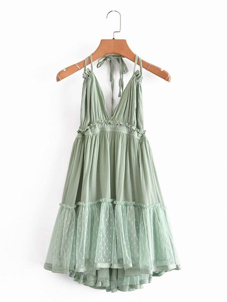 

dobby mesh self-tie ruffled halter dress l6tq#, Black;gray