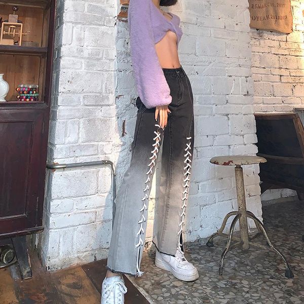 

jeans 2021 autumn and winter new women decoration height waist open fork fashion gradient color denim flared pants, Blue