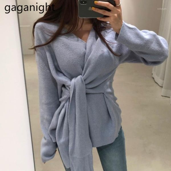 

gaganight vintage women sweater solid slim casual office lady pull femme lace up knitted fashion outwear sweaters korean1, White;black