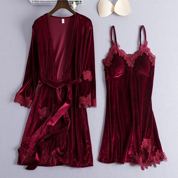 

burgundy 2pcs young lady velour robe set autumn winter sleepwear home dressing gown velvet kimono bathrobe gown nightgown y200429, Black;red