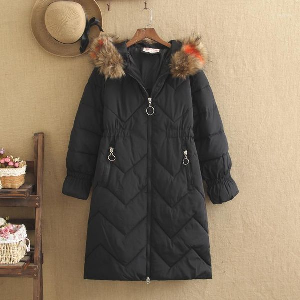 

2019 new large size cotton winter new fat mm plus cotton thick hooded fur collar long section was thin jacket1, Black
