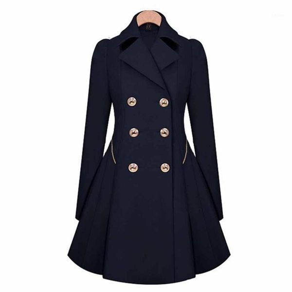 

new fashion women casual turn-down collar a-line pleated hem windbreaker button solid women's jackets winter coat1, Tan;black