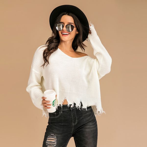 

autumn and winter new deep v neck long sleeve loose and simple white knit sweater for women, White;black