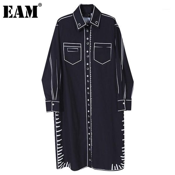 

eam] women black white printed big size dress new laepl long sleeve loose fit fashion tide spring autumn 2021 1dd16571, Black;gray