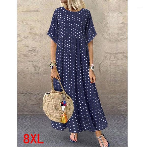 

large size women's dress plus size 4xl 5xl 7xl 8xl summer elegant round neck short sleeve loose large wave point blue robe1, Black;gray
