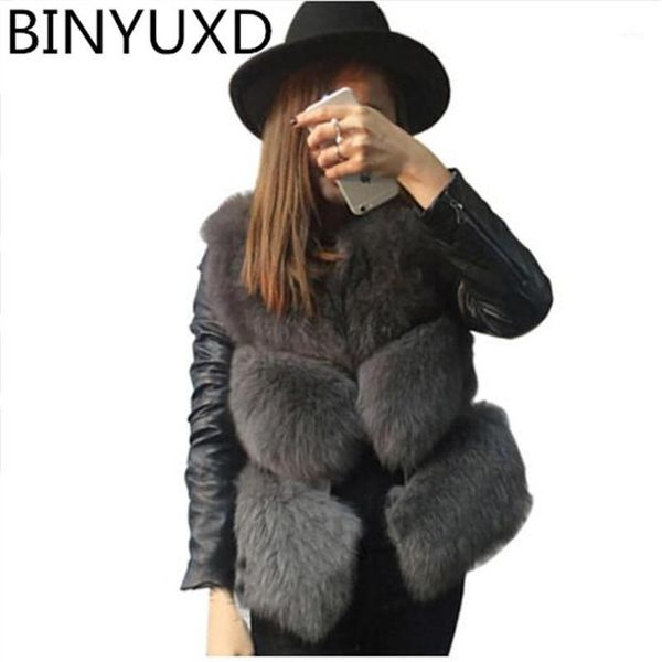 

women winter warm faux fur jackets coat 2020 fashion patchwork pu leather jackets faux fur coat women vest1, Black