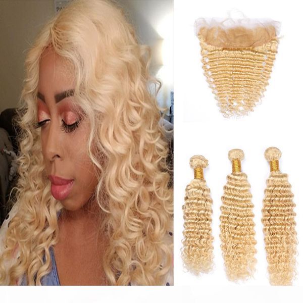 

blonde weave hair human bundles with closure #613 mixed length 13 with 4 inches 613 brazilian hair bundles 3 bundles deep wave, Black;brown