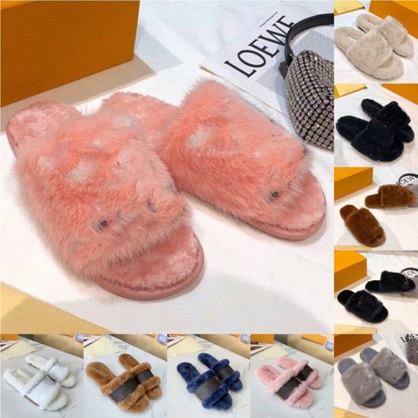 

lastest luxurious mink fur women slippers soft flat open-toe slip-on mules with oversized initials fashion lightweight homey mule furry, Black