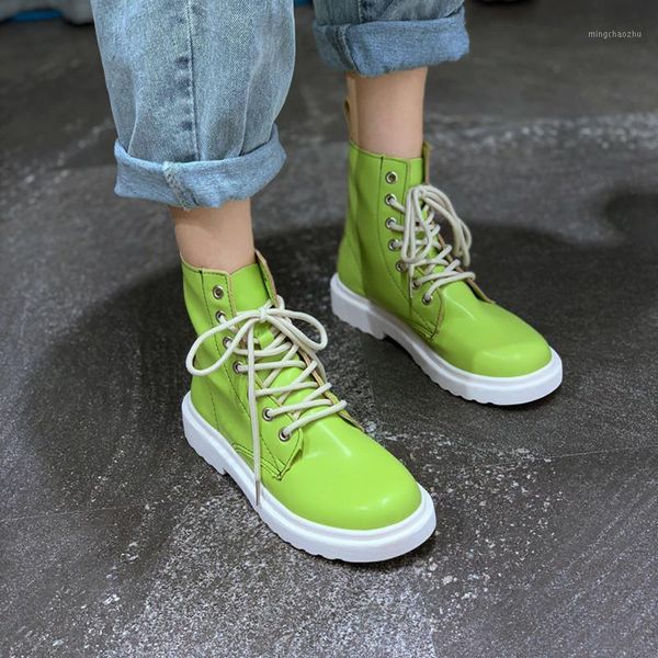 

boots mazefeng brand 2021 patent leather women shoes thick sole lace up autumn winter short ankle motorcycle1, Black