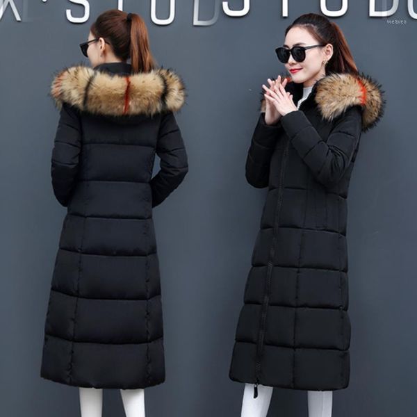 

enlu autumn warm winter hooded jackets women fur collar long parka plus size lapel casual cotton womens outwear park1, Black