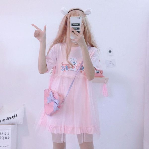

summer lolita dresses 2020 japanese kawaii rabbit cute anime short sleeve pink white dress casual t shirt dress female clothing, Black;gray