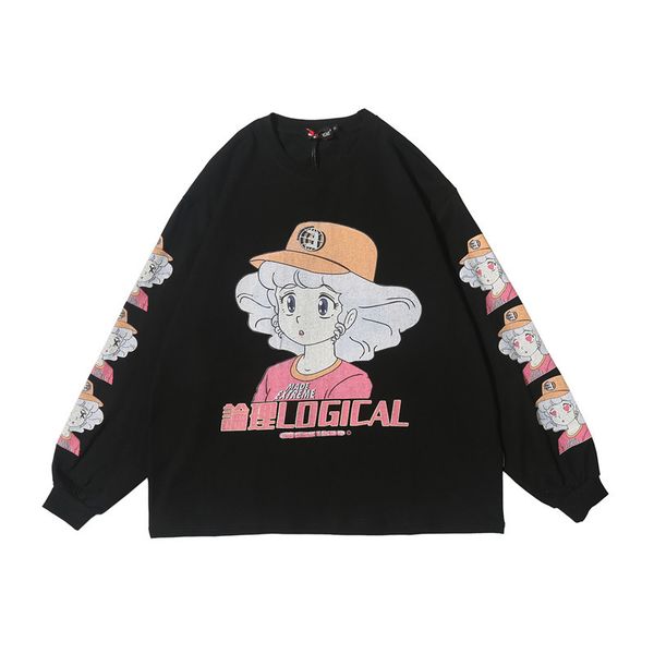 

2020 hip men long t-shirt cartoon girl printed oversized streetwear hipster anime shirt cotton t 9xgv, White;black